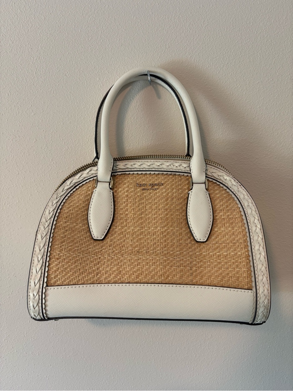 kate spade White and Natural Straw Dome Satchel with Braided Trim